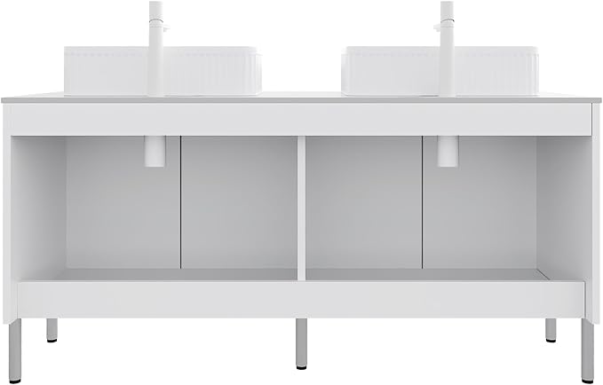 Ambrovina 60" Bathroom Vanity with Double Sink, Freestanding Bathroom Storage Cabinet with 4 Soft-Closing Doors, Rectangular Ceramic Basin and Carrara White Sintered Stone Countertop, White
