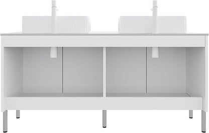 Ambrovina 60" Bathroom Vanity with Double Sink, Freestanding Bathroom Storage Cabinet with 4 Soft-Closing Doors, Rectangular Ceramic Basin and Carrara White Sintered Stone Countertop, White