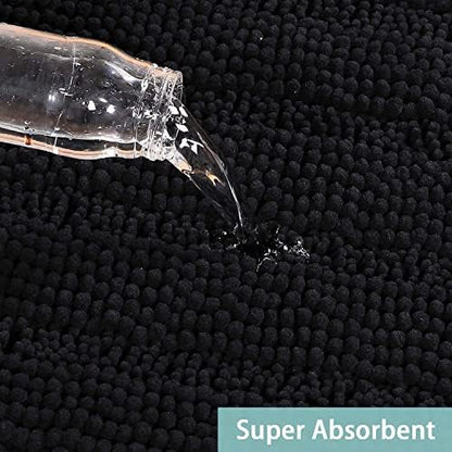 Turquoize Luxury Chenille Bath Rug for Bathroom Rugs Extra Absorbent Bath Mat Non Slip Microfiber Shower Rug for Bathroom Microfiber Shaggy Carpet Rug Size, 17"x 24", Black