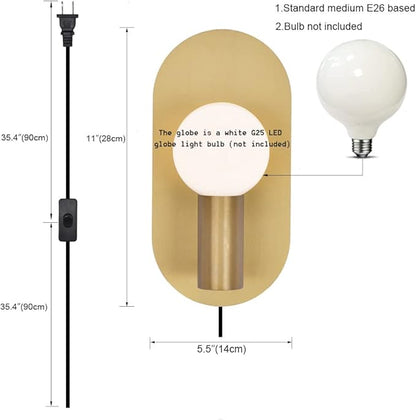 Plug in Wall Sconce Set of 2, Modern Sconces Wall Lighting Cord with On Off Switch, Brushed Gold Wall Mount Light Fixture for Bedroom Living Room Bathroom Vanity