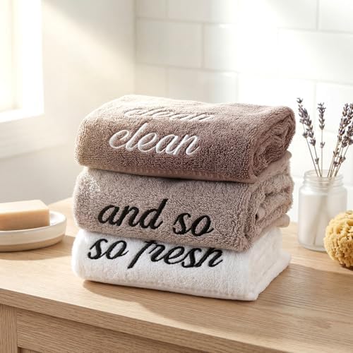 Tiamon 3 Pcs Bathroom Towel Decorative Set 100% Cotton Fluffy Bath Hand Towels for Guest Gifts Farmhouse Kitchen Hand Towels Home(White, Light Brown, Dark Brown,30 x 13 Inch,So Fresh and So Clean)