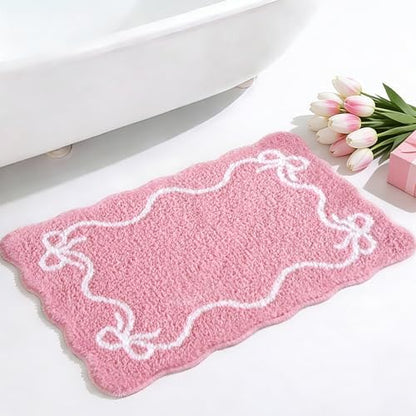 Mocsicka Pink Bow Bath Mat Cute Bow Bathroom Rug Super Soft Absorbent Bathroom Rugs Non Slip Bath Mat Machine Washable Rug for Bathrooms 20x32 inches (Pink, 50x80cm)