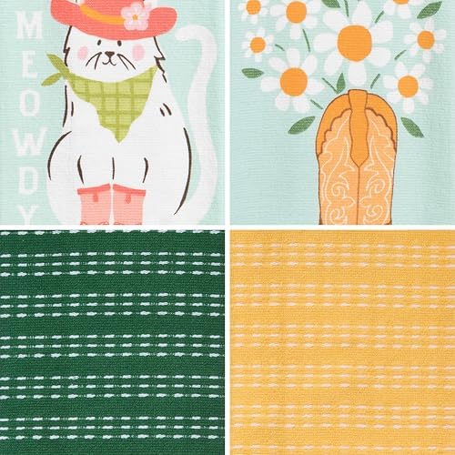 Ritz 4-Piece Kitchen Towel Set, Meowdy Cat & Daisy Boot Prints with Pine Green & Yellow Textured Terry, 100% Cotton & Absorbent Blend, 16" x 26", Western Boho Coastal Cowgirl Decor
