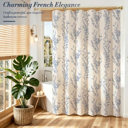 Blue Linen Farmhouse Shower Curtain, Boho Floral Bathroom 72x84