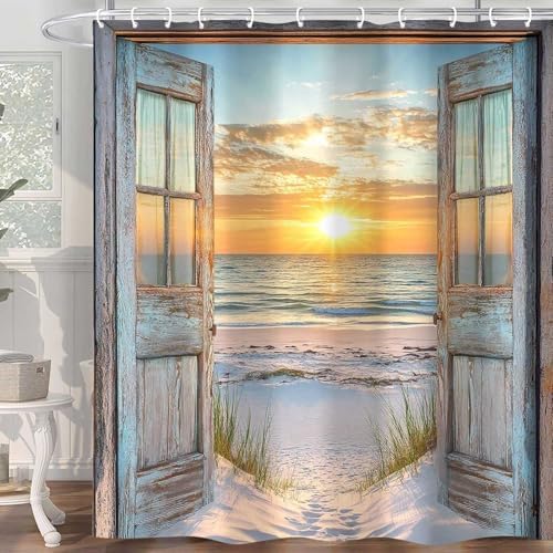 Beach Coastal Shower Curtain, Ocean Barn Door Nautical Sunrise Seaside Seascape Wave Decor Bath Curtains, Rustic Wood Teal Turquoise Bathroom Accessories Fabric Waterproof with Hooks, 47X64in