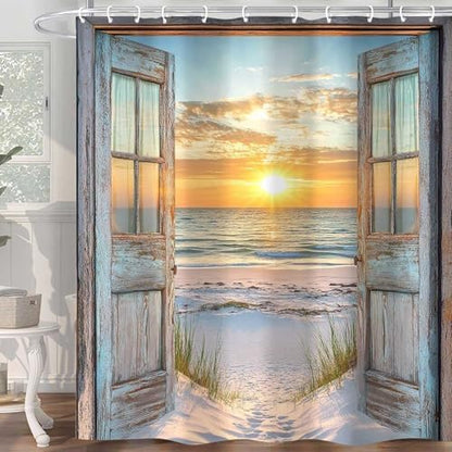 Beach Coastal Shower Curtain, Ocean Barn Door Nautical Sunrise Seaside Seascape Wave Decor Bath Curtains, Rustic Wood Teal Turquoise Bathroom Accessories Fabric Waterproof with Hooks, 47X64in