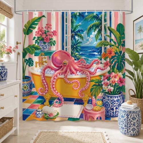 Tropical Octopus Shower Curtain, Ocean Bathroom Decor, 72 x 72