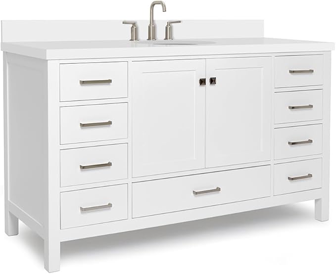 ARIEL Cambridge 60-inch Bathroom Vanity with Sink,Solid Wood, 1.5-inch Pure White Quartz Countertop & Backsplash, Single Oval Porcelain Sink, 2 Soft Closing Doors, 9 Dovetail Drawers, White