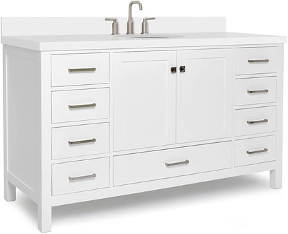 ARIEL Cambridge 60-inch Bathroom Vanity with Sink,Solid Wood, 1.5-inch Pure White Quartz Countertop & Backsplash, Single Oval Porcelain Sink, 2 Soft Closing Doors, 9 Dovetail Drawers, White