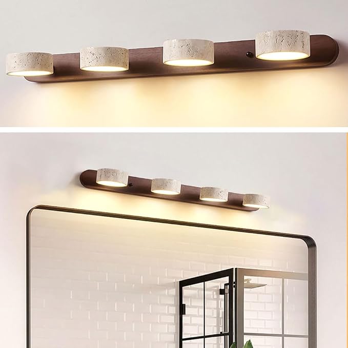 Yellow Travertine Vanity Light, 27.6" Wabi Sabi Modern Wooden Bathroom Light 360° Rotatable Natural Stone Lampshade Wall Lighting Fixture Over Mirror for Bathroom Farmhouse Home Decor (4 Lights)