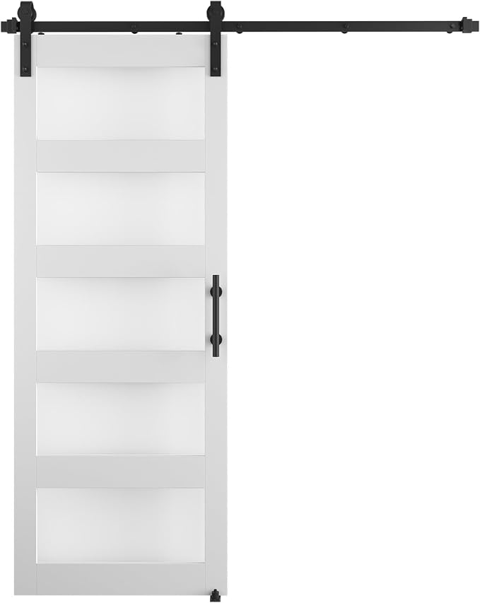 32'' x 84'' Glass Barn Door and 6Ft Hardware Kit Included White | MDF White Barn Door Slab with Frosted Glass, PVC Surface, Combined with Handle and Floor Guide-Assembly Required