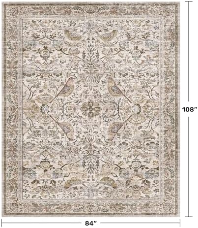 Moss Washable 7x9 Living Room Area Rug, Boho Floral Dining Room Under Kitchen Table, Low Pile Soft Farmhouse Bedroom Carpet, Moss Home Décor, Non Slip & Stain Resistant