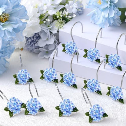 Amyhill 12 Pcs Hydrangea Decorative Shower Curtain Hooks Blue Flower Shower Curtain Rings Hanger Stainless Steel Resin Spring Floral Themed Hooks for Home Bathroom Decor
