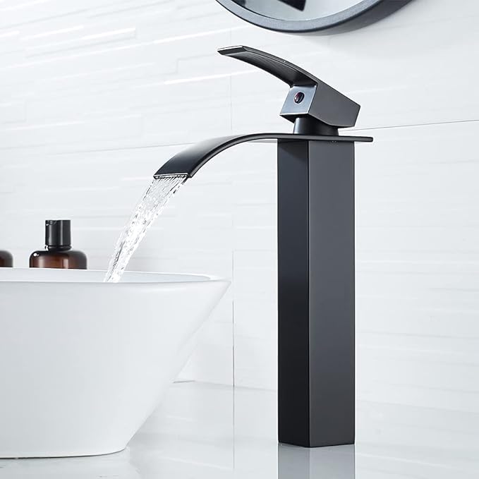 VOTON Vessel Sink Faucet Matte Black Modern Tall Waterfall Bathroom Sink Faucet Single Handle Bathroom Faucet 1 Hole Bowl Lavatory Vanity Faucet, Rv Sink Camper Farmhouse Bathroom Faucet