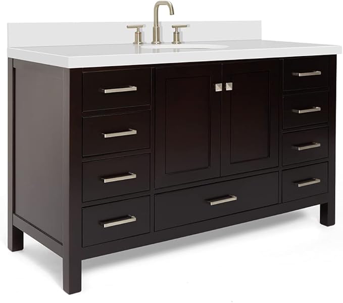 ARIEL 55" Espresso Bathroom Vanity with 1.5" Edge Pure White Quartz Countertop & Backsplash, Center Oval Sink, 2 Soft Closing Doors, 9 Full Extension Dovetail Drawers, Satin Brass
