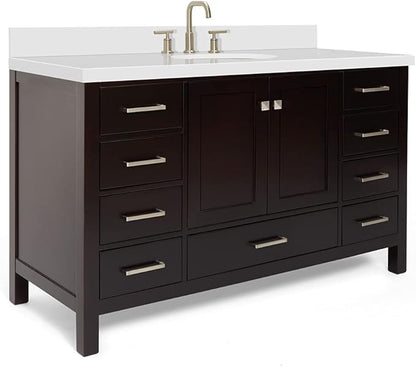 ARIEL 55" Espresso Bathroom Vanity with 1.5" Edge Pure White Quartz Countertop & Backsplash, Center Oval Sink, 2 Soft Closing Doors, 9 Full Extension Dovetail Drawers, Satin Brass