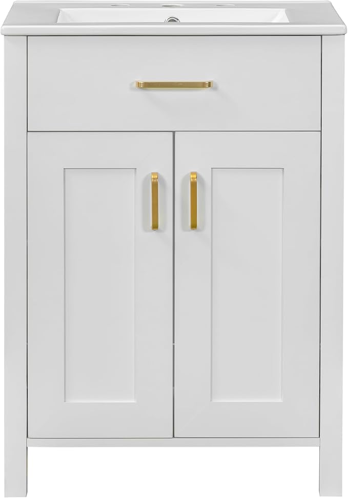 LUMISOL 24" Bathroom Vanity with Sink, Solid Wood Bathroom Cabinet with Tip-Out Drawer, Storage Racks, Soft-Close Door & Adjustable Shelves, Ceramic Sink, White