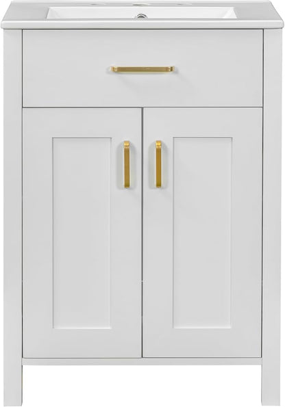 LUMISOL 24" Bathroom Vanity with Sink, Solid Wood Bathroom Cabinet with Tip-Out Drawer, Storage Racks, Soft-Close Door & Adjustable Shelves, Ceramic Sink, White
