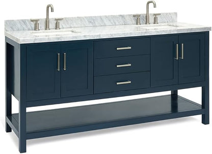 ARIEL Magnolia 72-inch Bathroom Vanity with Sink,Solid Wood, 1.5-inch Italian Carrara Marble Countertop, Double Rectangular Porcelain Sink, 4 Soft Closing Doors, 3 Dovetail Drawers, Midnight Blue