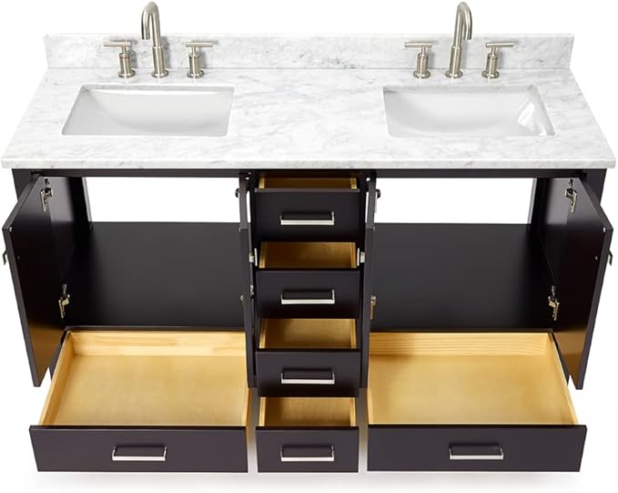 ARIEL Cambridge 60-inch Bathroom Vanity with Sink,Solid Wood, 0.75-inch Italian Carrara Marble Countertop, Double Rectangular Porcelain Sink, 4 Soft Closing Doors, 6 Dovetail Drawers, Espresso
