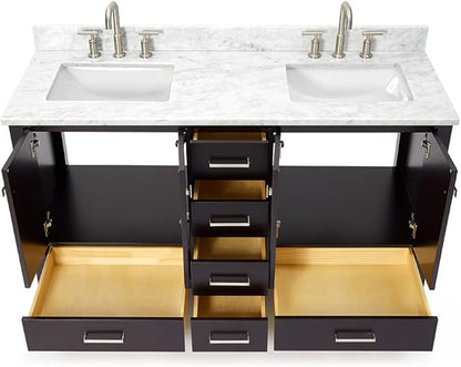 ARIEL Cambridge 60-inch Bathroom Vanity with Sink,Solid Wood, 0.75-inch Italian Carrara Marble Countertop, Double Rectangular Porcelain Sink, 4 Soft Closing Doors, 6 Dovetail Drawers, Espresso