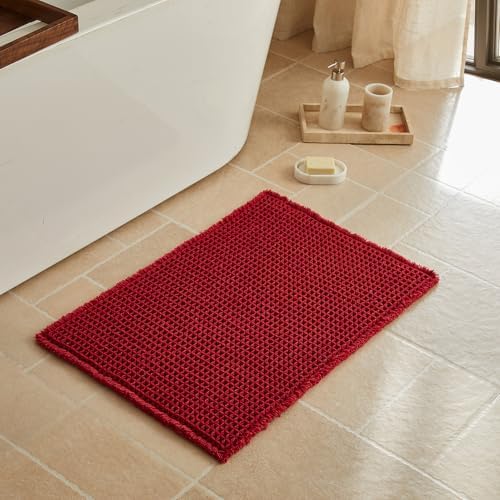 Triohero Waffle Bath Mat, Boho Bathroom Rugs Non Slip, 20x30 Burgundy