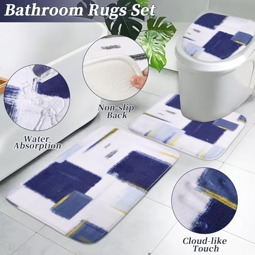 XLHOMO Bathroom Set - Navy Blue and Gold Bathroom Accessories Set, Bathroom Sets with Shower Curtain and Rugs, Blue Shower Curtain Set with Bathroom Trash Can, Soap Dispenser,Soap Dish for Home Decor