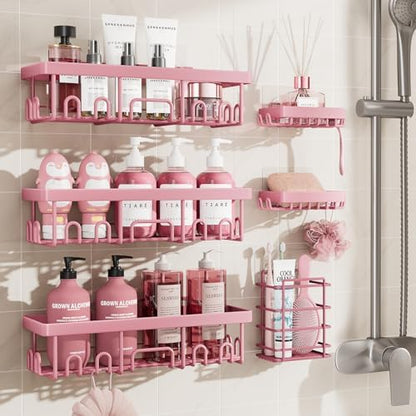 Veken Large Capacity Shower Caddy 6-Pack, No Drilling & Rustproof, Adhesive Shower Shelves with Soap Holder, Bathroom Organizers and Storage, Wall-Mounted Kitchen & Home Decor, Pink