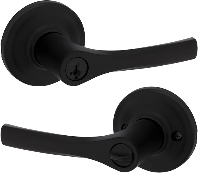 Kwikset Henley Entry Door Handle with Lock and Key, Secure Keyed Reversible Lever Exterior, For Front Entrance and Bedrooms, Matte Black, Pick Resistant Smartkey Rekey Security and Microban