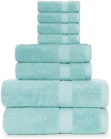 BY LORA 8-Pc Cotton Towel Set, Quick Dry Hotel Bath Hand Washcloths, Teal