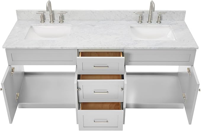 ARIEL Hamlet 72-inch Bathroom Vanity with Sink,Solid Wood, 0.75-inch Italian Carrara Marble Countertop & Backsplash, Double Oval Sink, 4 Soft Closing Doors, 3 Dovetail Drawers, Grey