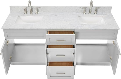ARIEL Hamlet 72-inch Bathroom Vanity with Sink,Solid Wood, 0.75-inch Italian Carrara Marble Countertop & Backsplash, Double Oval Sink, 4 Soft Closing Doors, 3 Dovetail Drawers, Grey