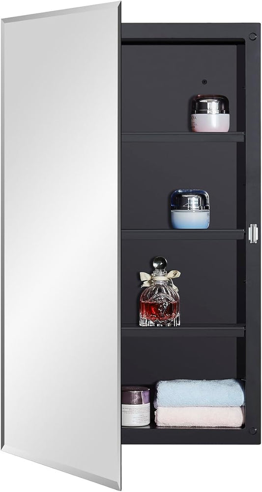 DYLLOR Black Plastic Medicine Mirror Cabinet for Bathroom with 16 x 26 inch Beveled Edge Mirror, Recessed and Surface Mount
