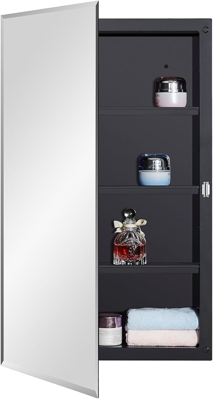 DYLLOR Black Plastic Medicine Mirror Cabinet for Bathroom with 16 x 26 inch Beveled Edge Mirror, Recessed and Surface Mount