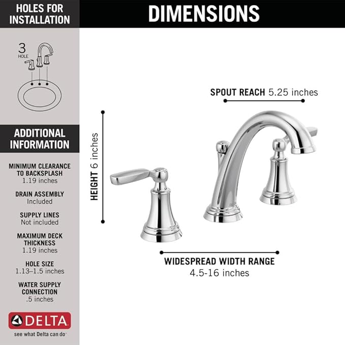 Delta Woodhurst Chrome Bathroom Faucet 3 Hole, 8 Inch Widespread Bathroom Sink Faucet for Vanity, Metal Push-Pop Drain Assembly, Chrome 3532LF