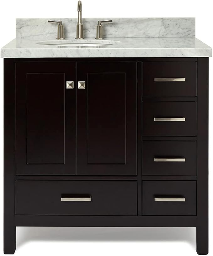 ARIEL Cambridge 36-inch Bathroom Vanity with Sink,Solid Wood, 1.5-inch Italian Carrara Marble Countertop & Backsplash, Single Oval Porcelain Sink, 2 Soft Closing Doors, 5 Dovetail Drawers, Espresso
