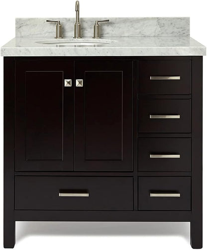 ARIEL Cambridge 36-inch Bathroom Vanity with Sink,Solid Wood, 1.5-inch Italian Carrara Marble Countertop & Backsplash, Single Oval Porcelain Sink, 2 Soft Closing Doors, 5 Dovetail Drawers, Espresso