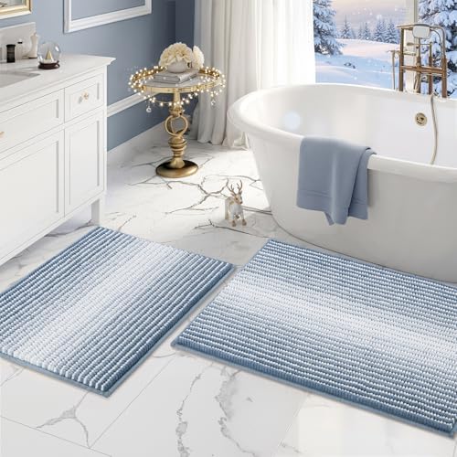BSICPRO Bathroom Rugs Sets 2 Piece, Non Slip Striped Bath Mats, Fog Blue