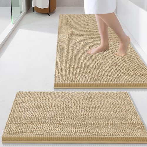 Smiry Chenille Bathroom Rugs Sets 2 Piece (34x21+24x16, Beige)