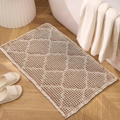 ZALL Tan Waffle Bath Mat,Super Absorbent Non Slip Bathroom Rug,Brown 17x24inch, Geometric Diamond Machine Washable Ultra Soft Floor Mats