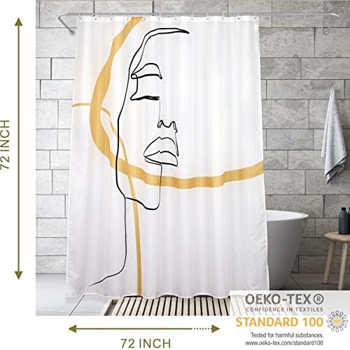 Abstract Face Shower Curtain Set with Hooks: 72’’x72’’ Black & Gold Minimalist Line Art Waterproof Washable Weighted Bath Curtain, Modern Bathroom Decor