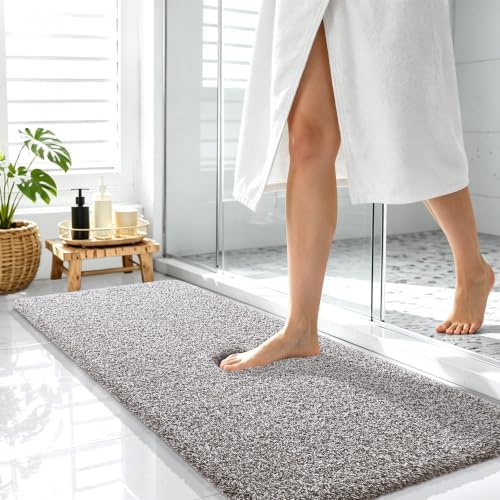 OLANLY Microfiber Bathroom Rugs 47x17, Quick Dry Bath Mat, Brown and White