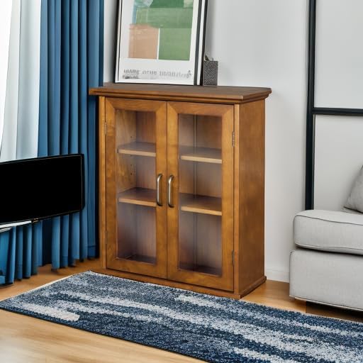 Teamson Home Avery Wooden Over The Toilet Bathroom Removable Wall Medicine Cabinet with 2 Adjustable Shelves 3 Storage Spaces 2 Glass-Paneled Doors and Antique Brass Knobs, Oiled Oak | Glass Paneled Doors, 2 Adjustable Shelves, Antique Brass Knobs, Med...
