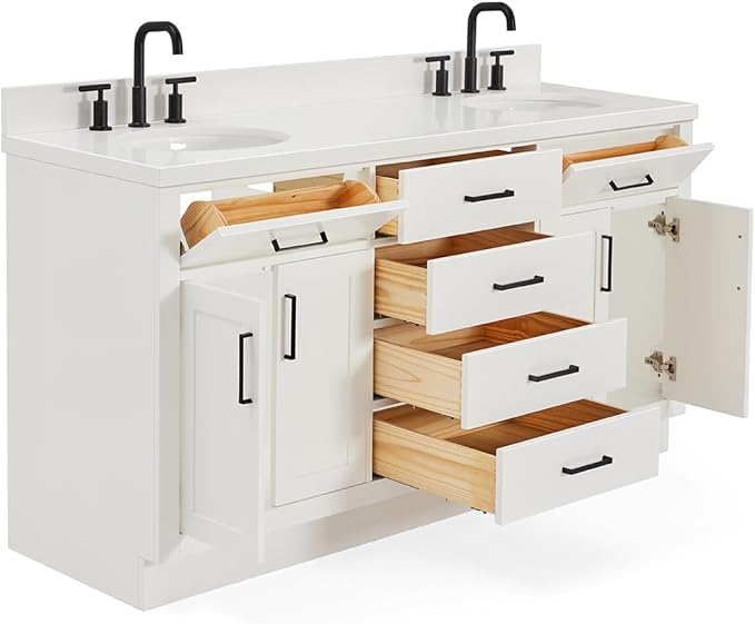 ARIEL Hepburn 66-inch Bathroom Vanity with Sink,Solid Wood, 1.5-inch Pure White Quartz Countertop & Backsplash, Double Oval Porcelain Sink, 4 Soft Closing Doors, 6 Dovetail Drawers, White