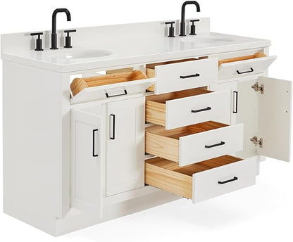 ARIEL Hepburn 66-inch Bathroom Vanity with Sink,Solid Wood, 1.5-inch Pure White Quartz Countertop & Backsplash, Double Oval Porcelain Sink, 4 Soft Closing Doors, 6 Dovetail Drawers, White