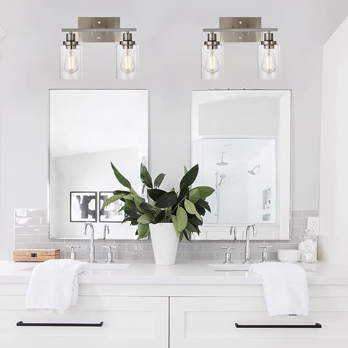 MELUCEE 2 Heads Bathroom Light Fixtures Brushed Nickel | Metal Wall Lights with Clear Glass Shade Modern Vanity Lights Sconces for Hallway Bedroom Kitchen (Patent No.: US D963914 S)