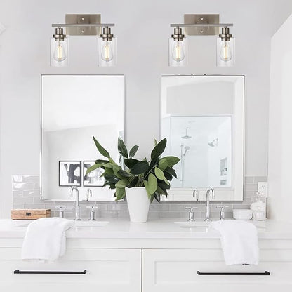 MELUCEE 2 Heads Bathroom Light Fixtures Brushed Nickel | Metal Wall Lights with Clear Glass Shade Modern Vanity Lights Sconces for Hallway Bedroom Kitchen (Patent No.: US D963914 S)