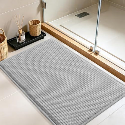 Memory Foam Bath Mat, Ultra Soft Absorbent Waffle Bathroom Rugs, Super Non-Slip PVC Backing Bath Rug Quick Dry, Machine Washable Rug for Tub, Shower, Home Decor Accessory, 24" x 17", Light Gray