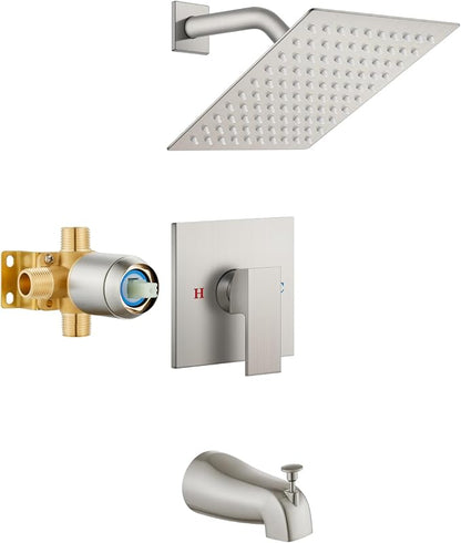 Airuida 8 Inch Shower Faucet Set,Bathtub Faucet Kit,Brushed Nickel | Shower Tub Faucet Set,Male Threads Rough-In Valve,Square Head Shower System