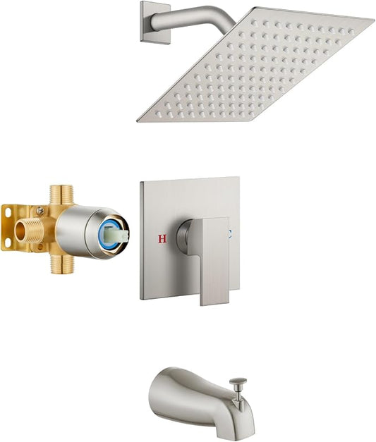 Airuida 8 Inch Shower Faucet Set,Bathtub Faucet Kit,Brushed Nickel | Shower Tub Faucet Set,Male Threads Rough-In Valve,Square Head Shower System